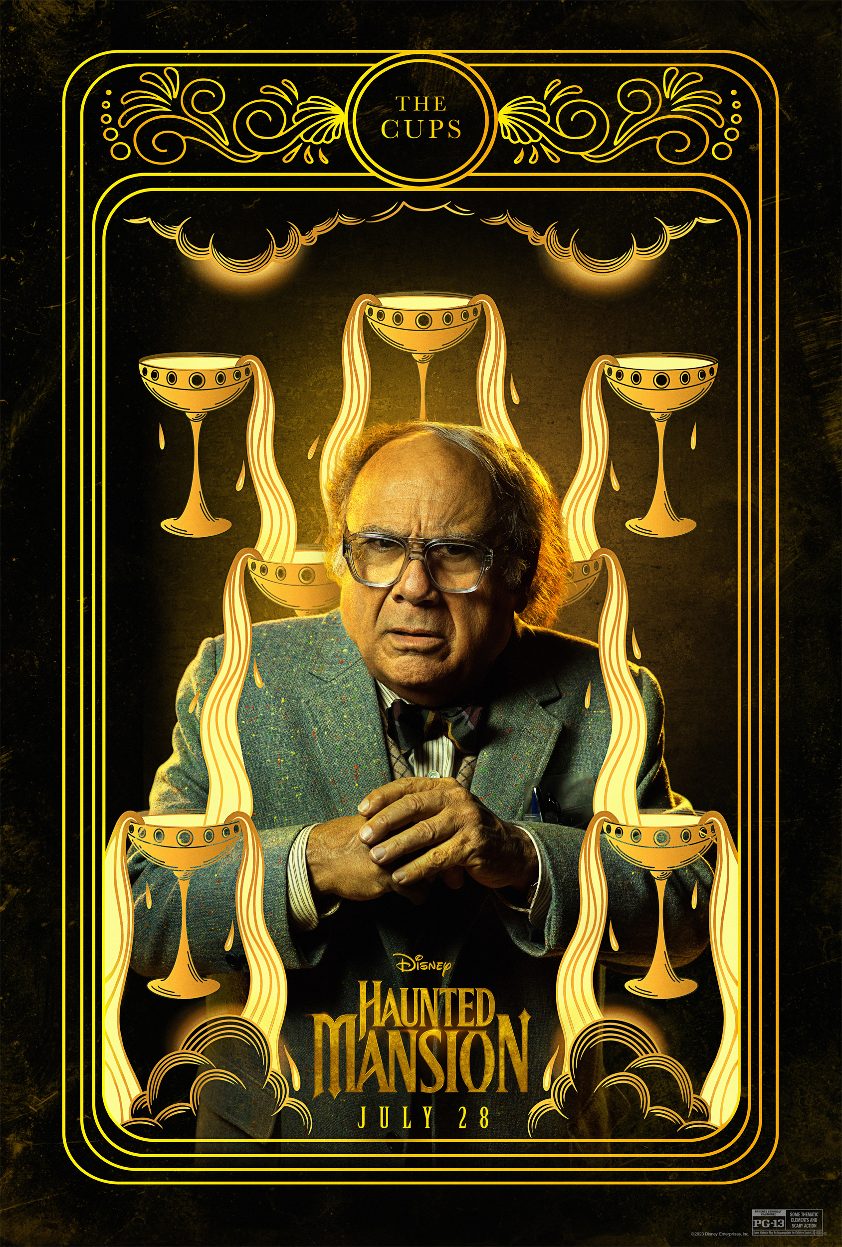Alt-text: Phone wallpaper featuring a stylized Haunted Mansion movie poster with tarot card-inspired design.