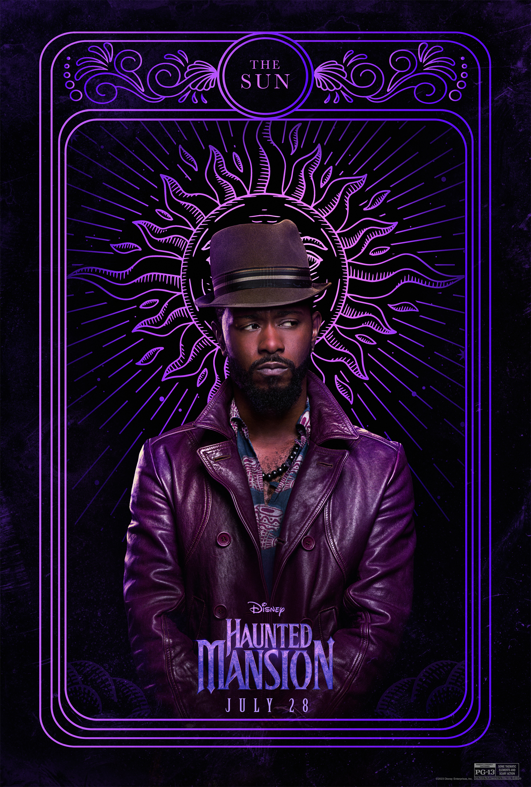 Phone wallpaper featuring a stylized portrayal of a character with a sun motif for the upcoming 'The Haunted Mansion' movie set for a July release, perfect for fans of the supernatural genre.