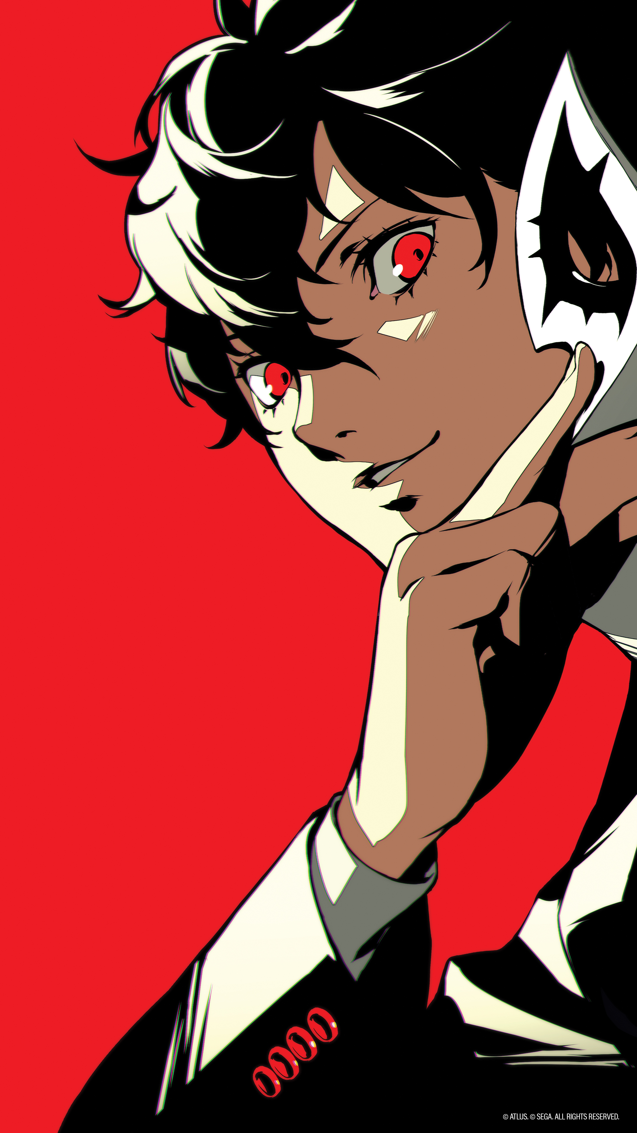Persona 5 Joker character with red eyes on a striking red and black background for phone wallpaper.