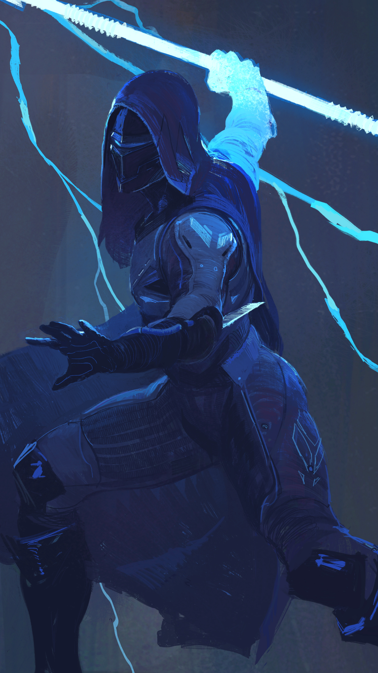 Mobile wallpaper featuring a stylized illustration of a Destiny 2 Guardian character surrounded by ethereal blue light.