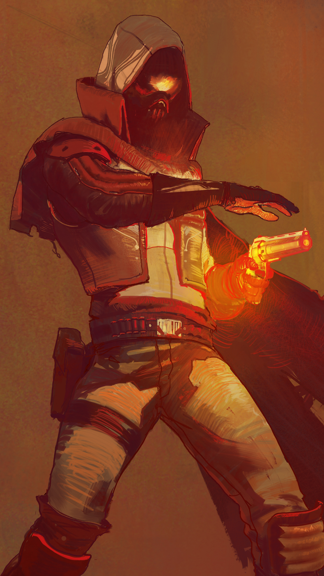 Destiny 2 game character in hooded armor with a glowing hand cannon, designed as a vertical phone wallpaper.