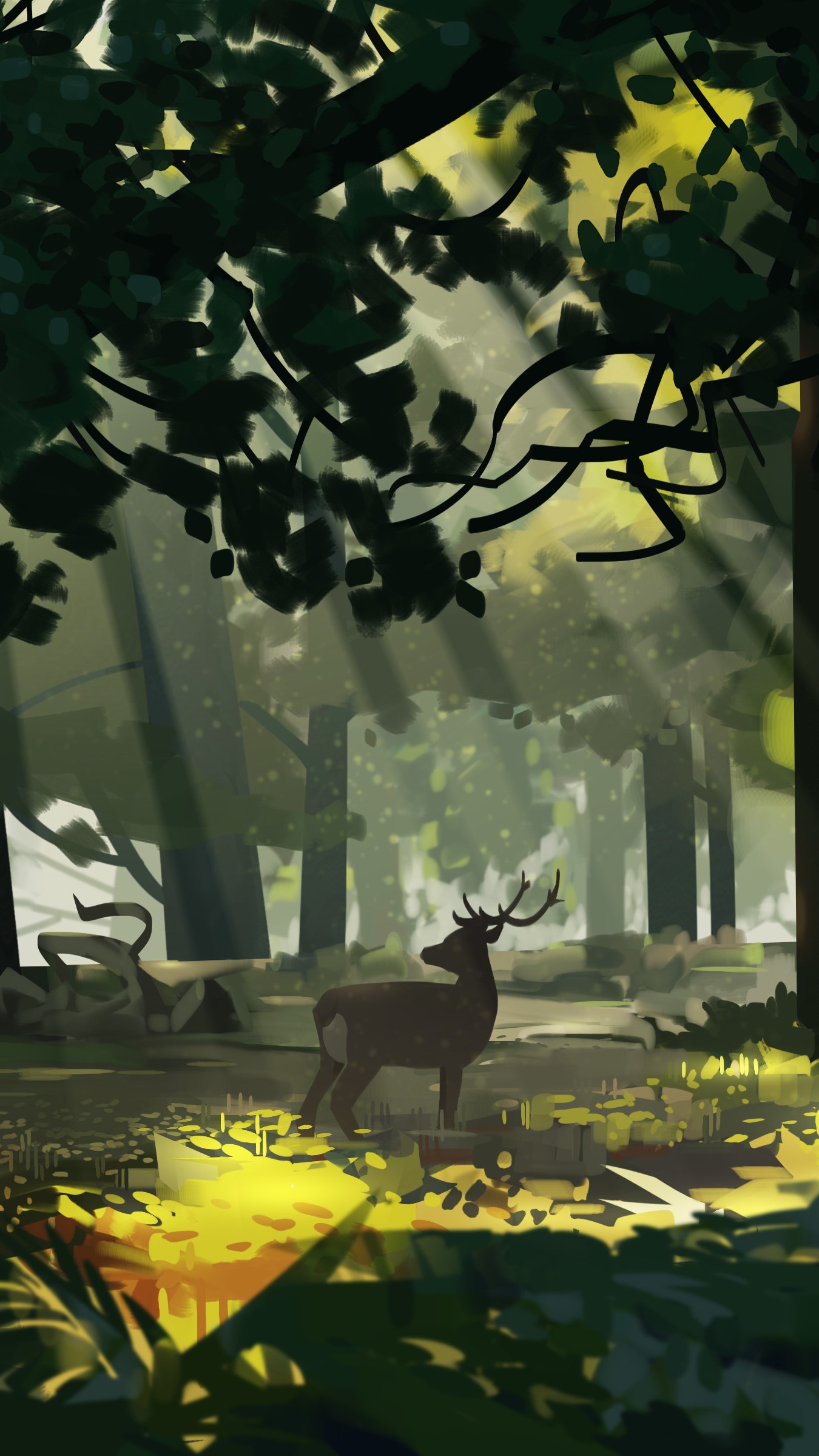 A tranquil deer standing in a sunlit forest clearing - phone wallpaper.