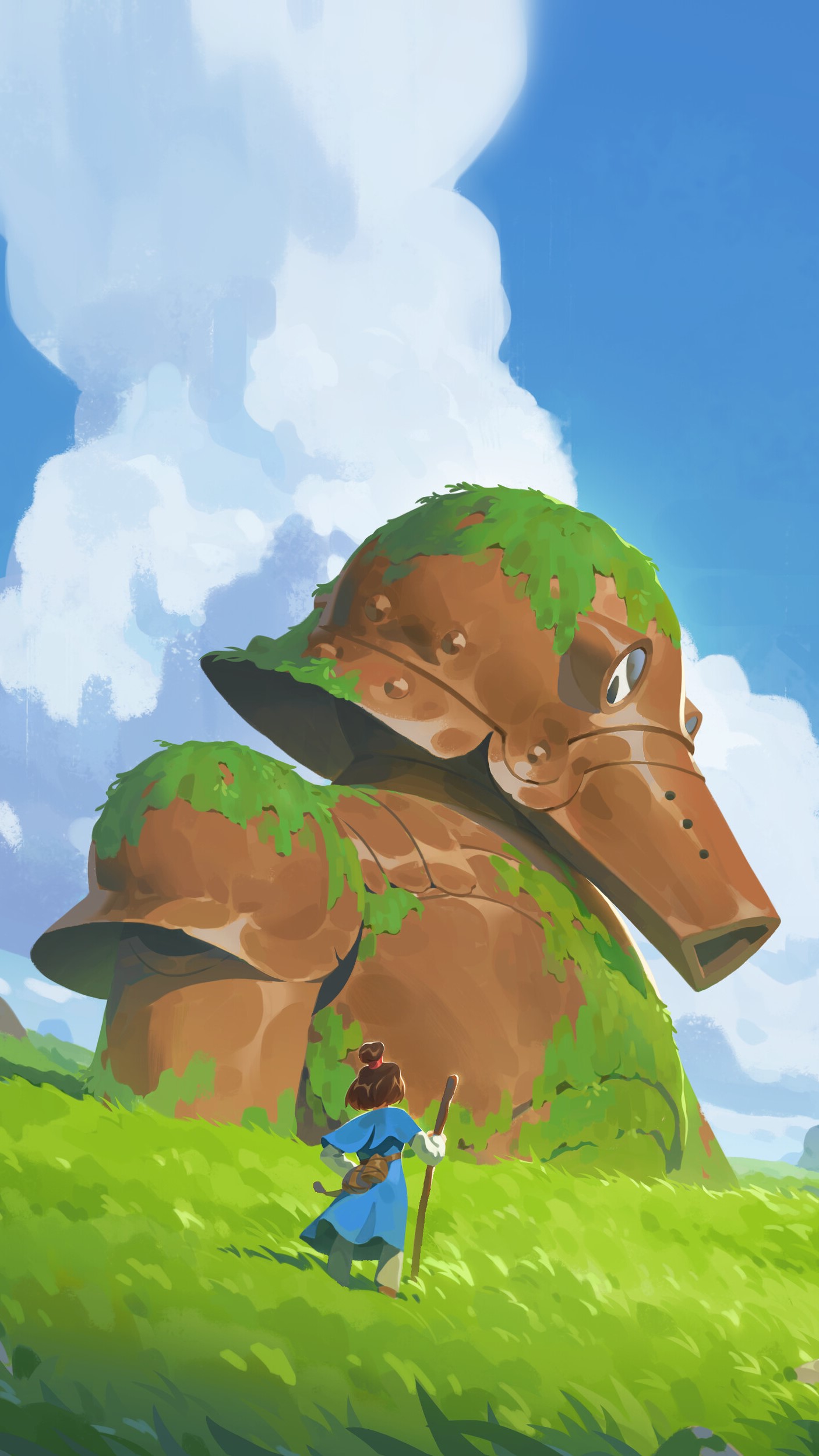 Fantasy landscape phone wallpaper featuring a giant creature with grassy back and a small figure with a staff in the foreground.