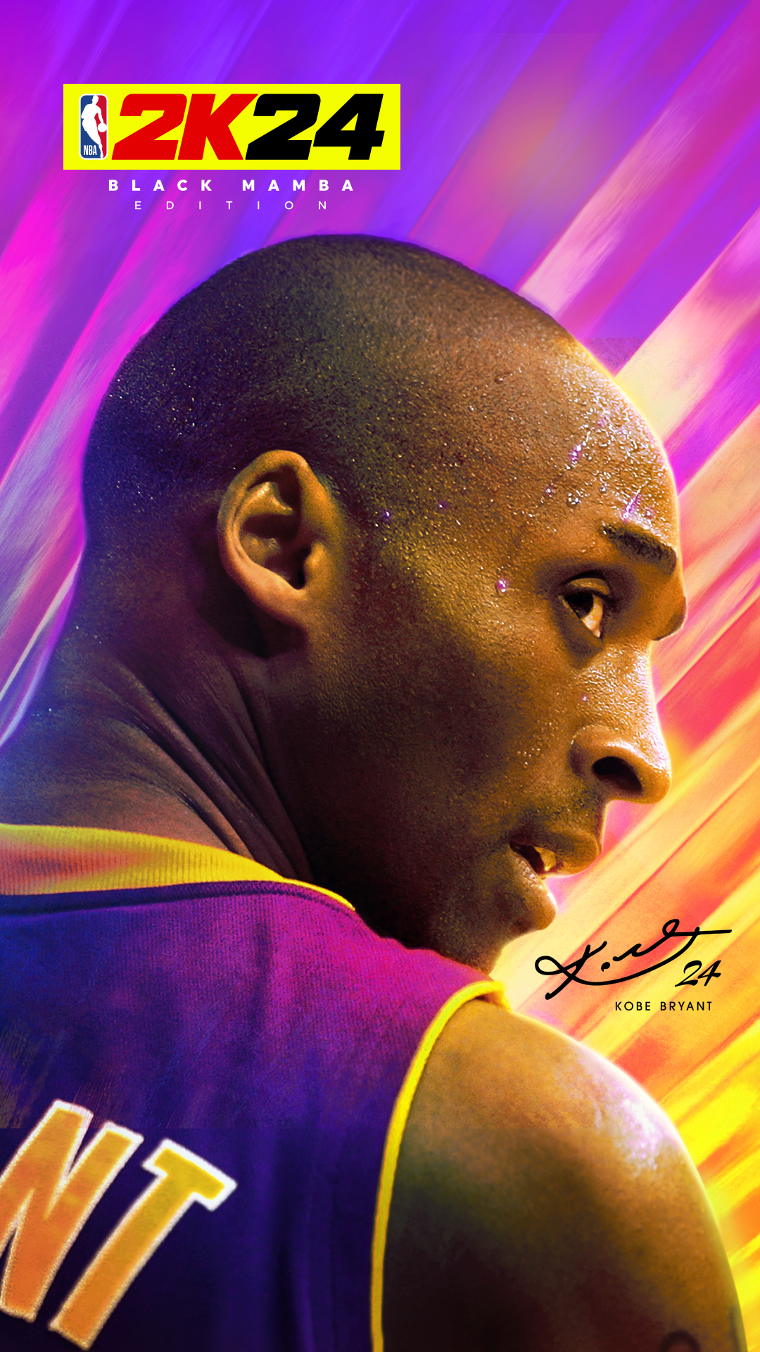 NBA 2K24 mobile wallpaper with iconic basketball player in Lakers jersey against a vibrant colorful background.