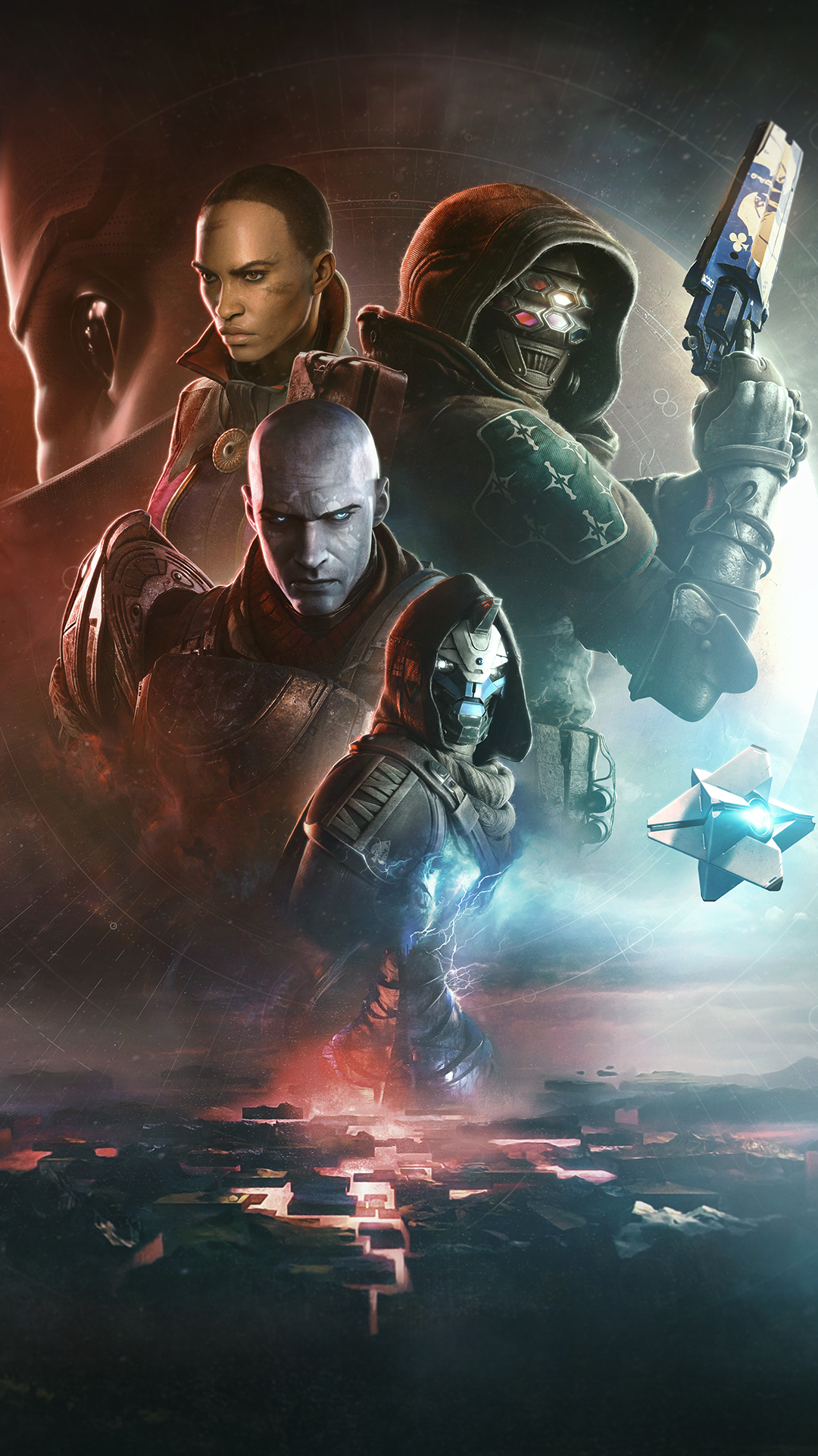 Destiny 2-themed phone wallpaper featuring game characters in action poses with a dynamic, sci-fi backdrop.