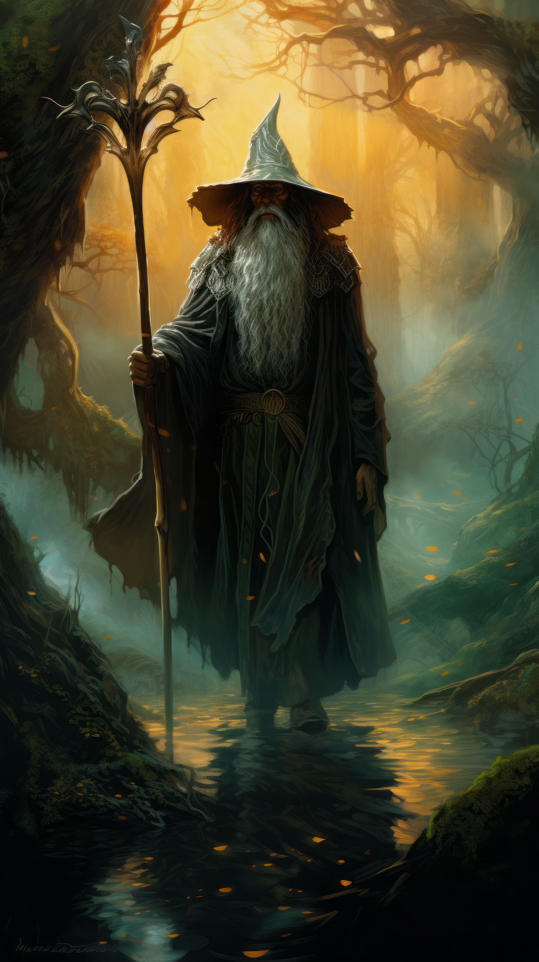Fantasy wizard phone wallpaper inspired by Lord of the Rings, featuring a mage with a staff in a mystical forest setting.