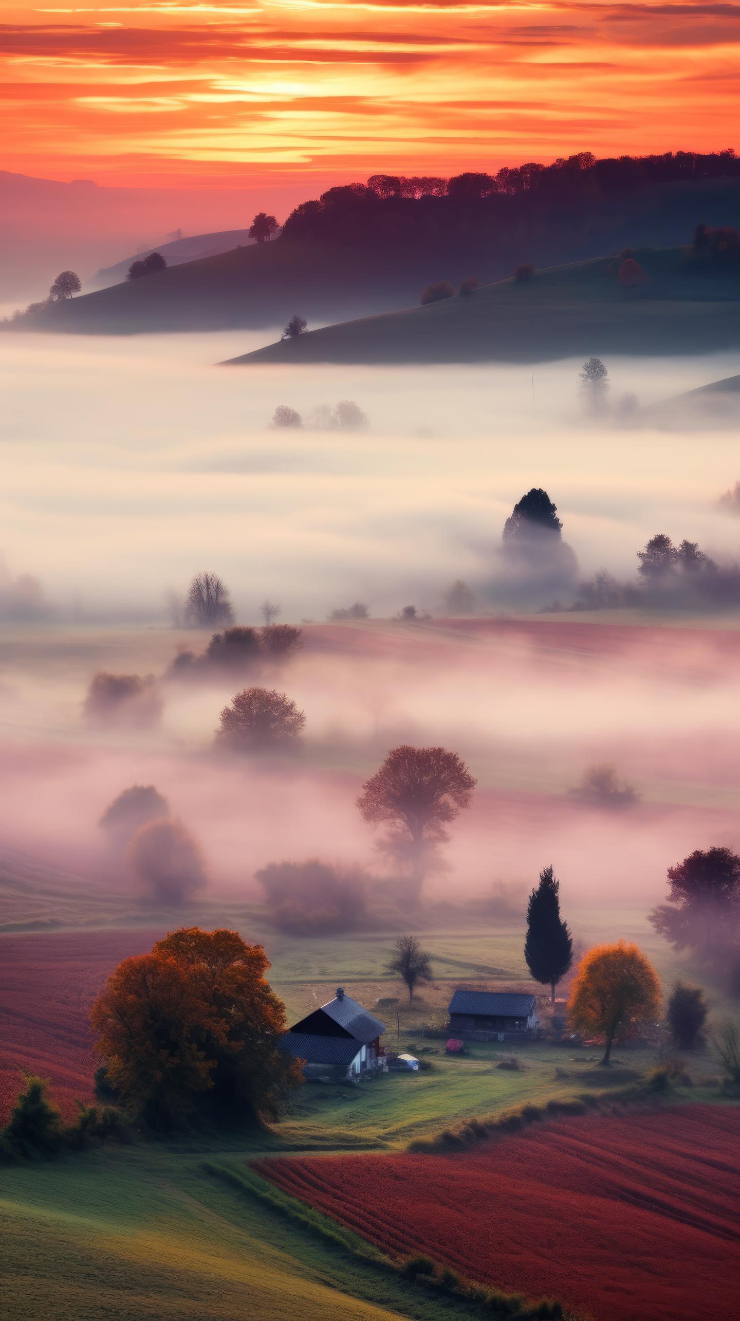 Breathtaking fall landscape phone wallpaper depicting a foggy country scene at sunset with rolling hills and a vibrant sky.