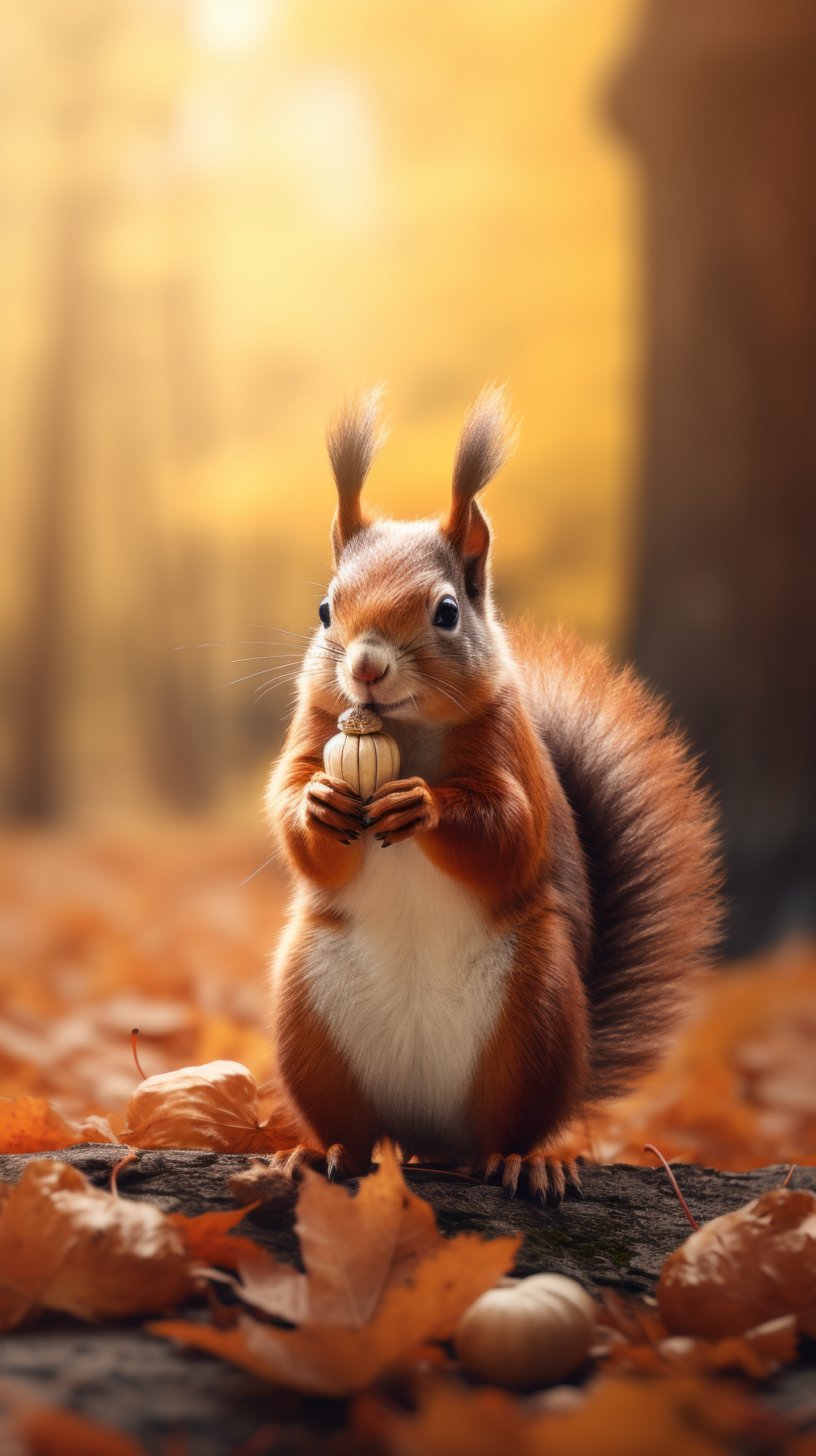 Charming squirrel with a fluffy tail holding a nut surrounded by autumn leaves and basked in warm sunbeams, perfect for a fall-themed phone wallpaper.