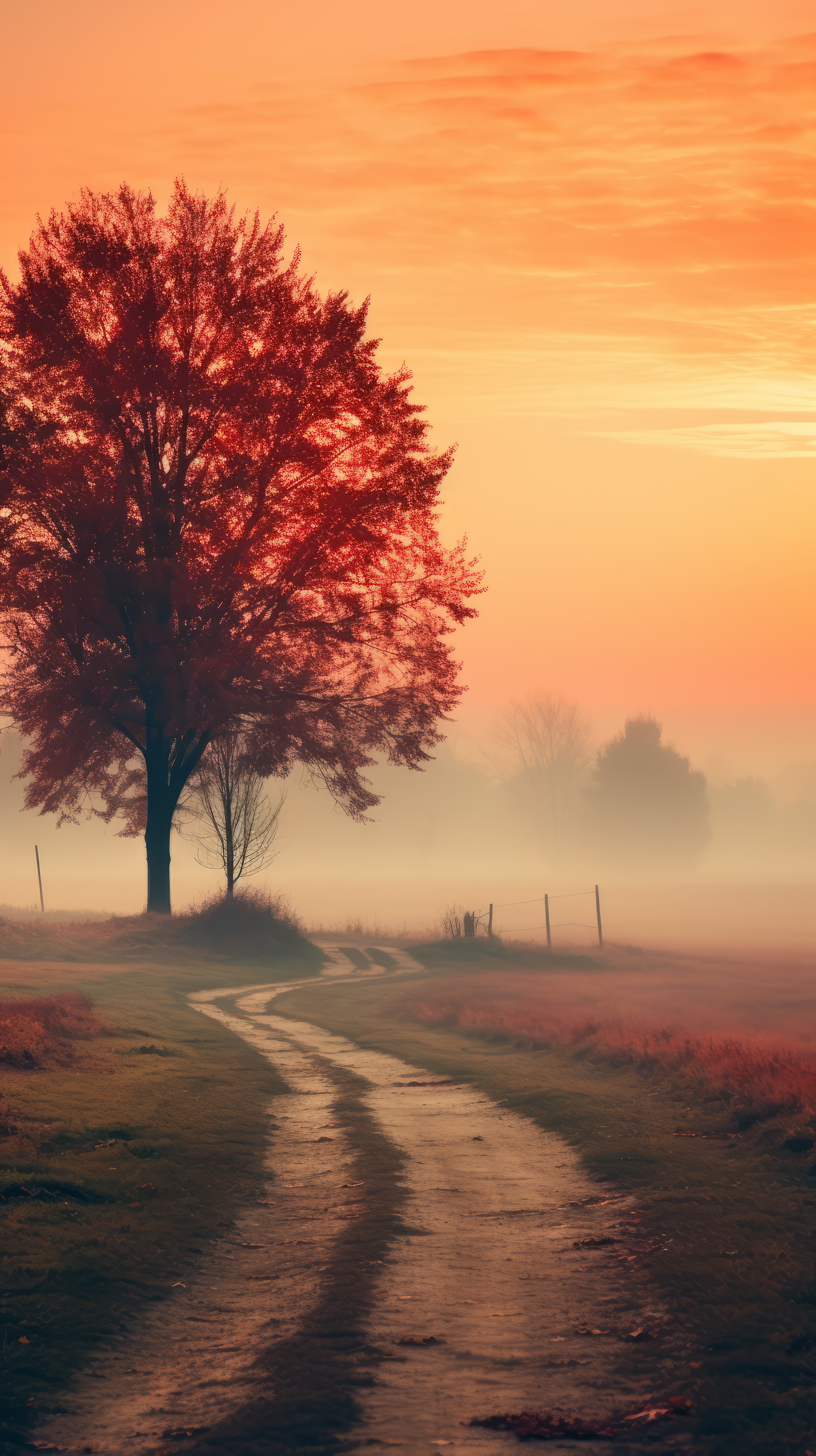 Phone wallpaper featuring a scenic path lined with trees amidst fall foliage under a foggy sunset sky.