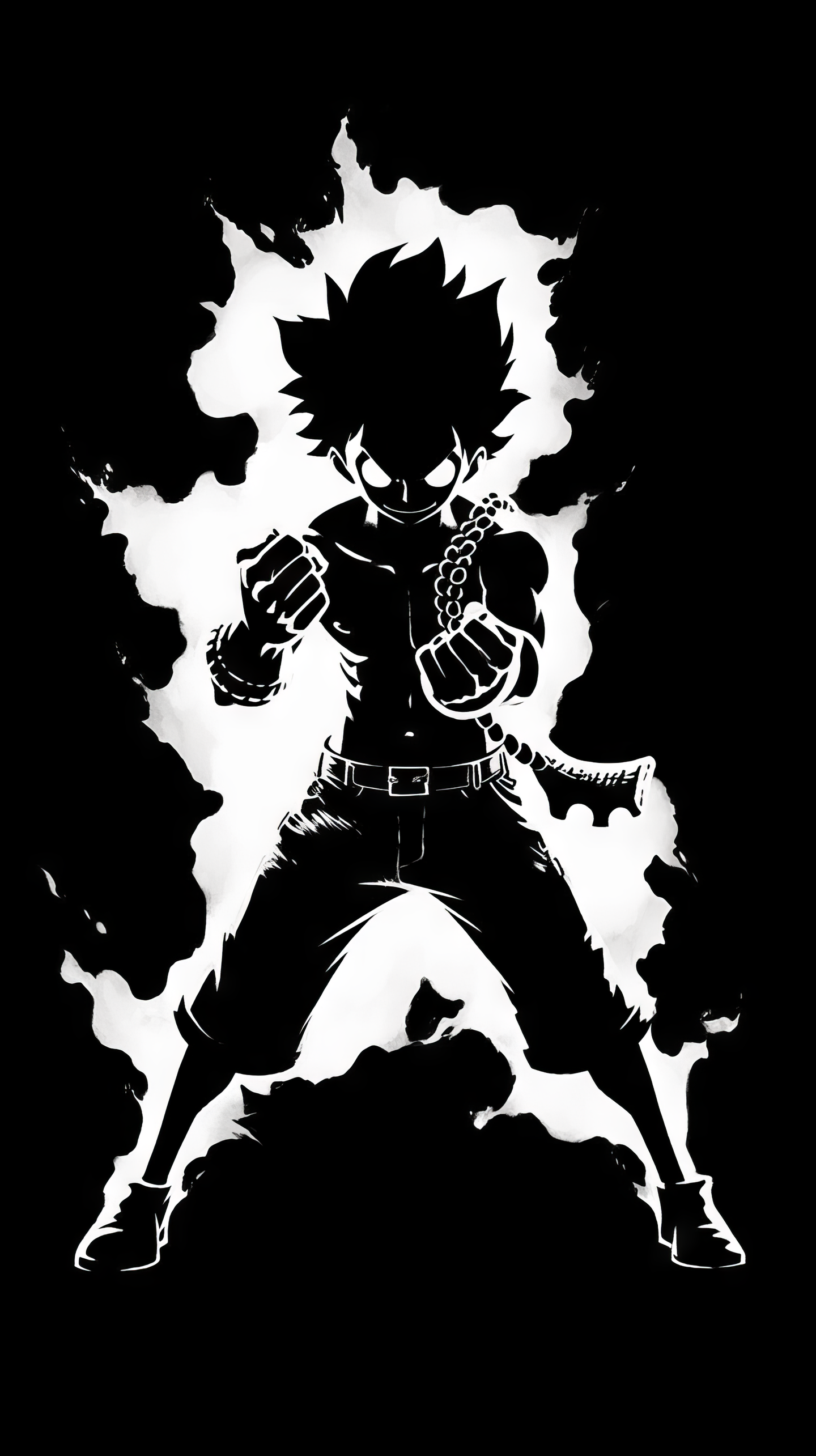 Black and white phone wallpaper featuring Monkey D. Luffy in Gear Fourth stance from One Piece anime series, ideal for fans looking to personalize their devices with a touch of manga flair.