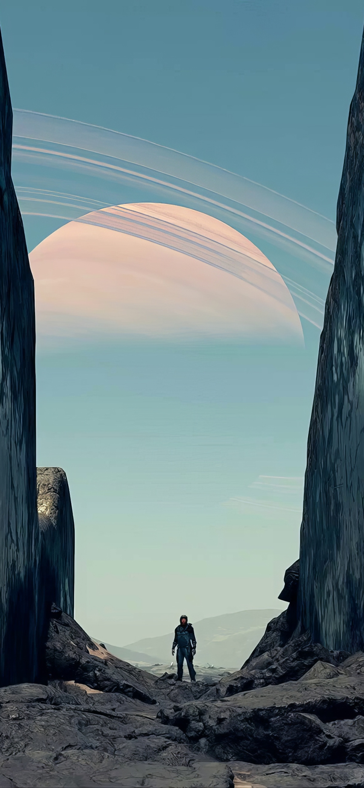 Futuristic space-themed phone wallpaper featuring a lone figure standing in a rocky terrain with a giant planet looming in the star-filled sky above.