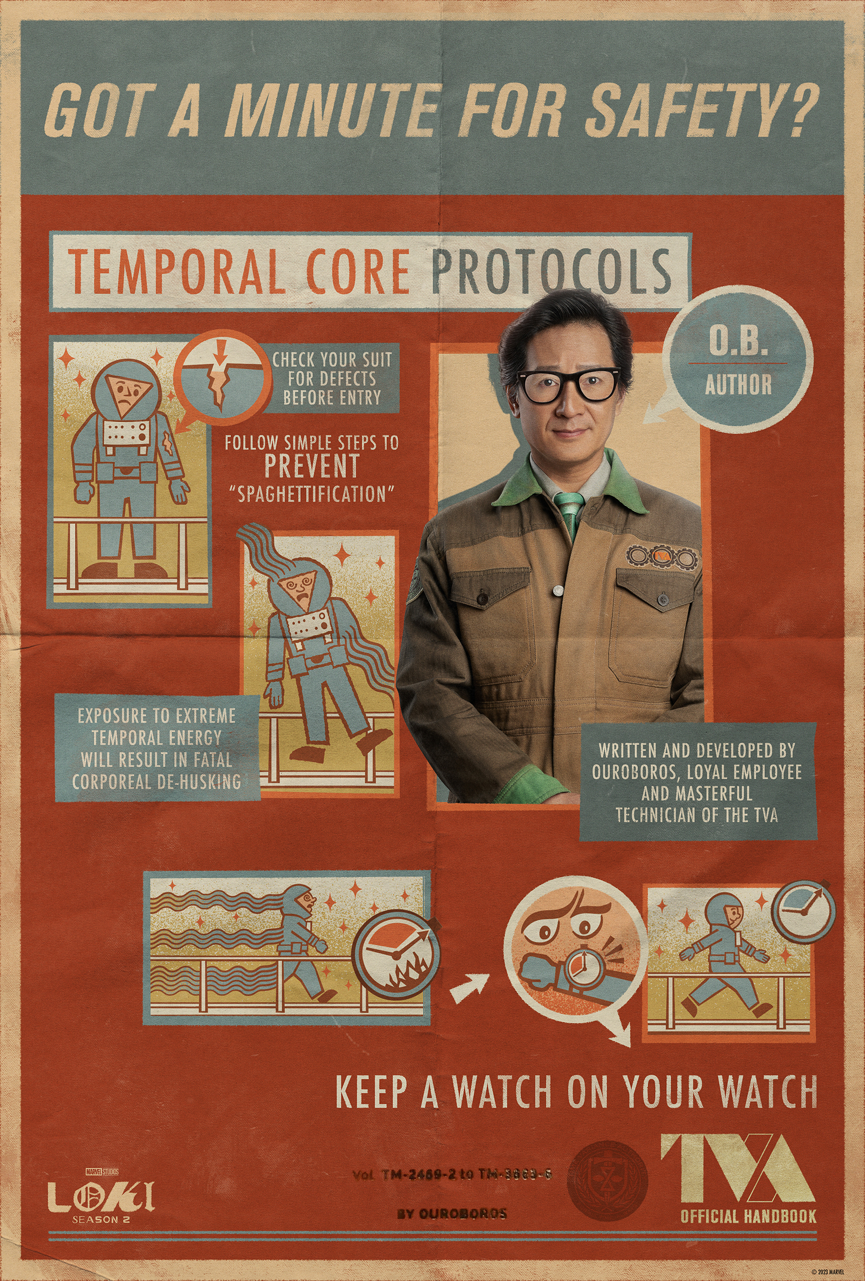 Vintage Loki TVA safety protocols poster themed phone wallpaper.