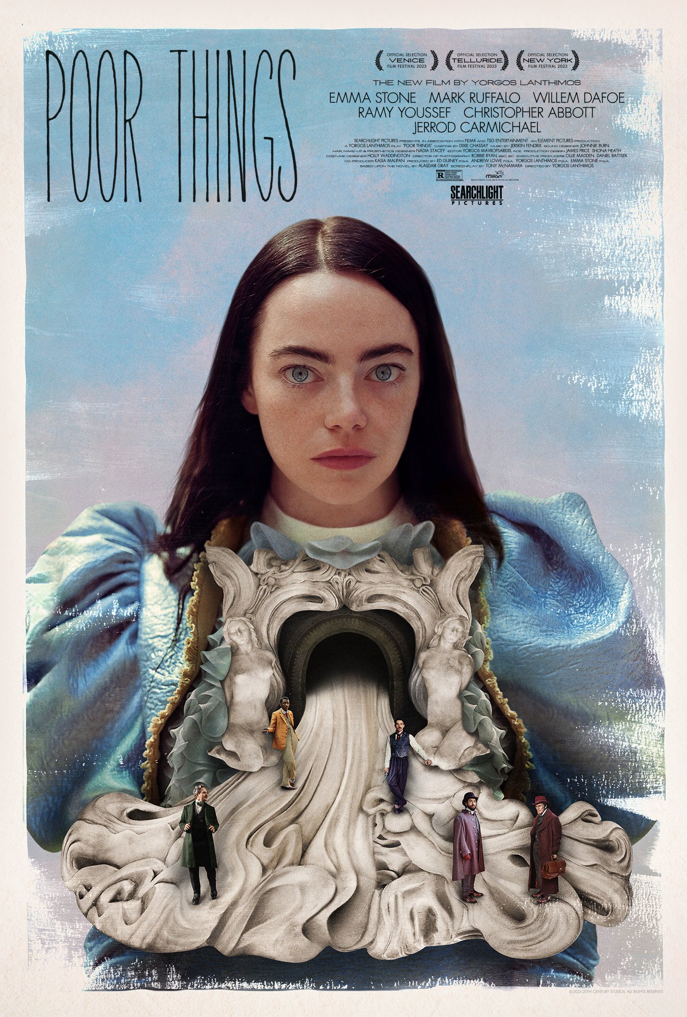 Phone wallpaper featuring promotional artwork for the film 'Poor Things' with a portrait-style image of the actress in a decorative frame.