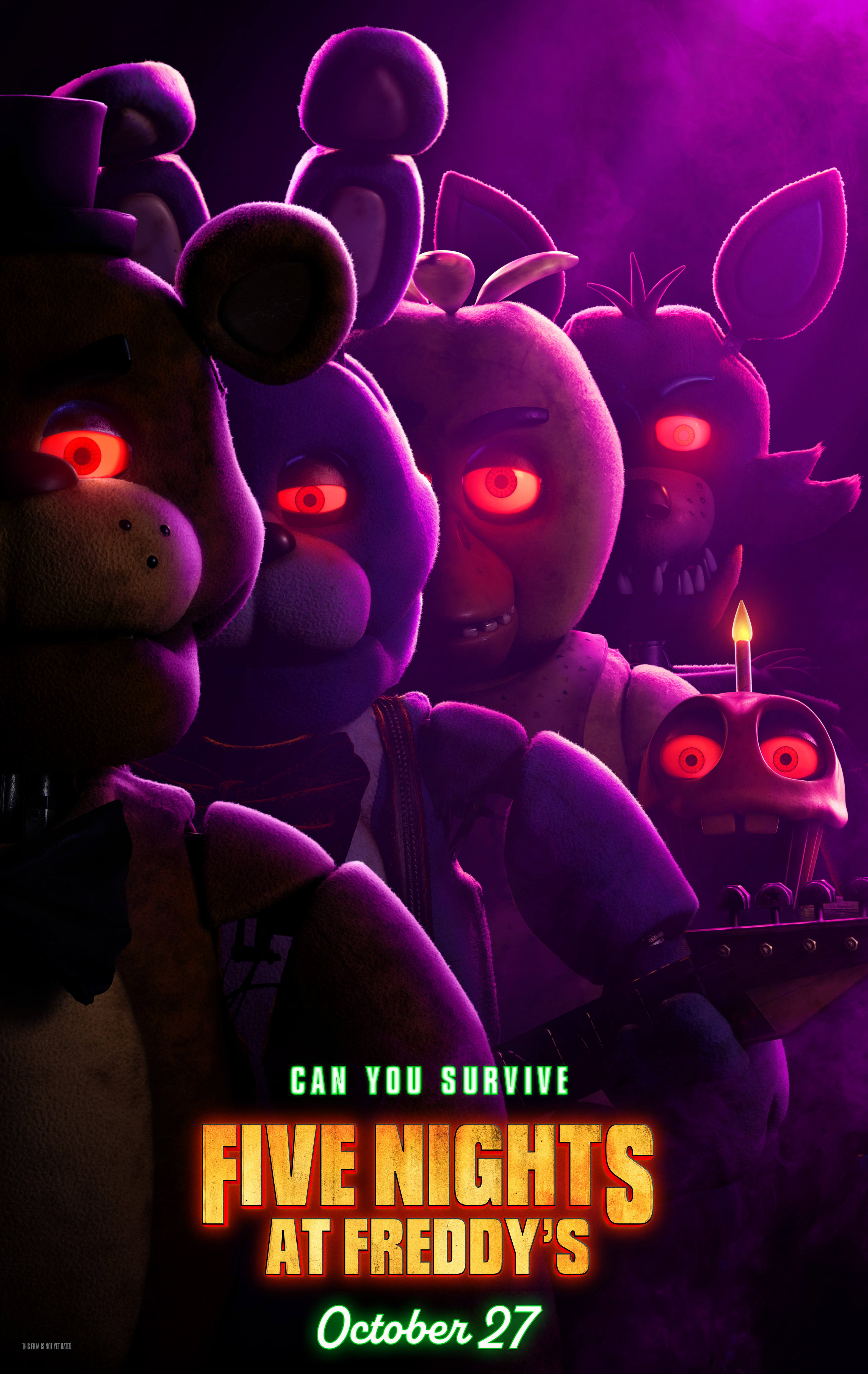Five Nights at Freddy's themed phone wallpaper featuring the eerie animatronic characters under a purple hue with the text 'Can you survive' and release date 'October 27'.