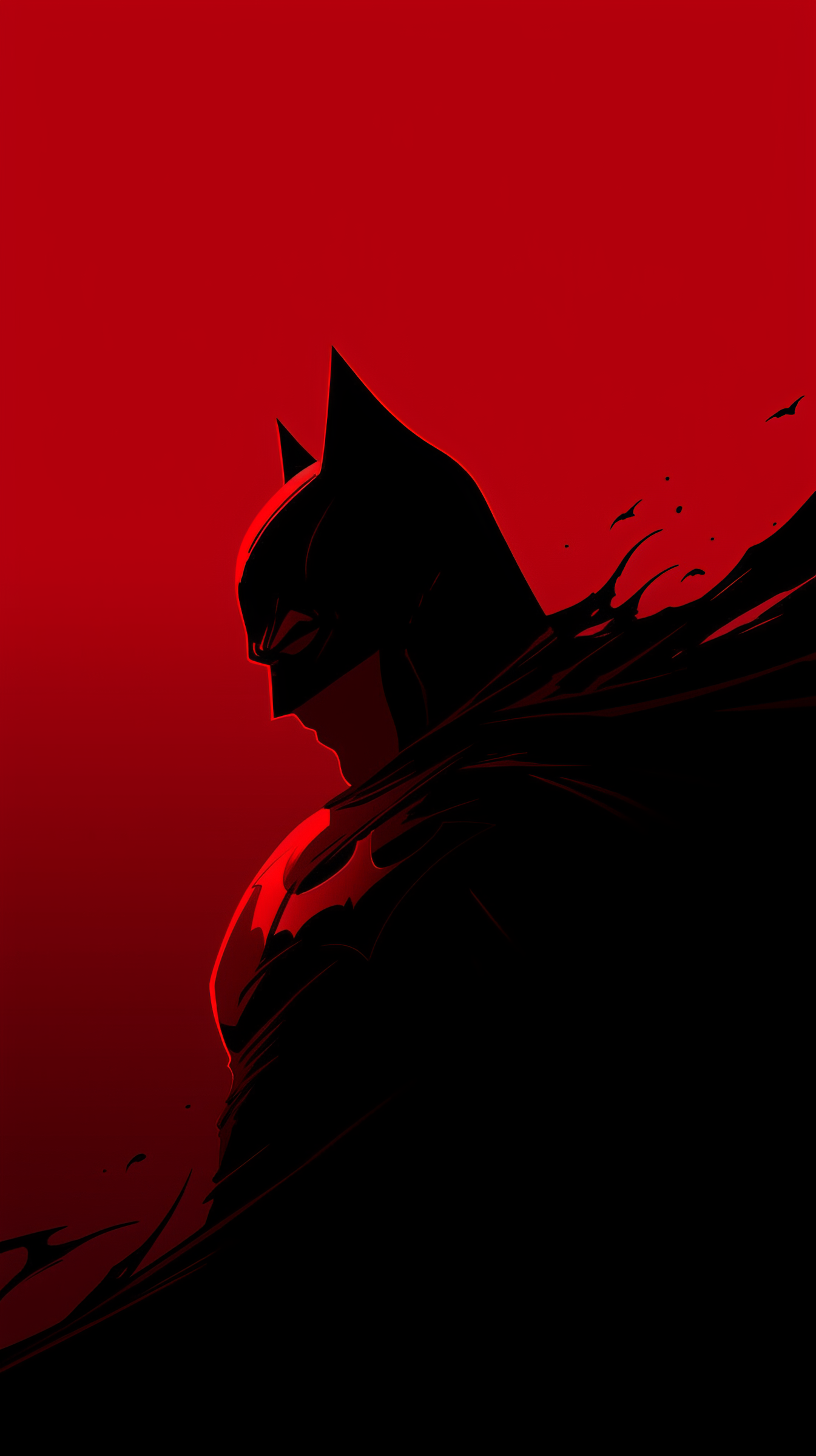 Minimalist Batman silhouette on a red background, phone wallpaper.