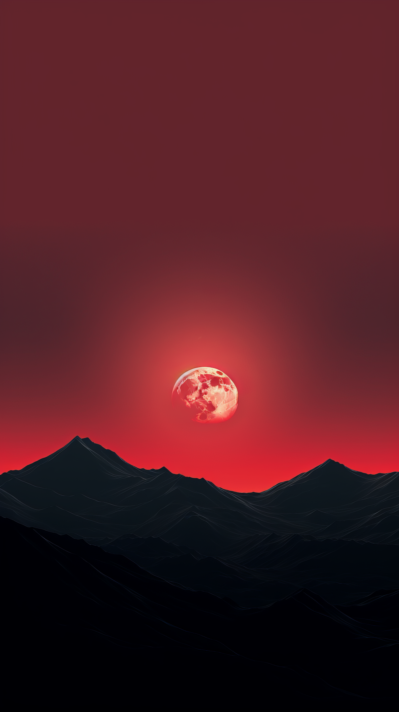 Aesthetic mountain silhouette with a moon against a crimson sky, perfect for phone wallpaper.