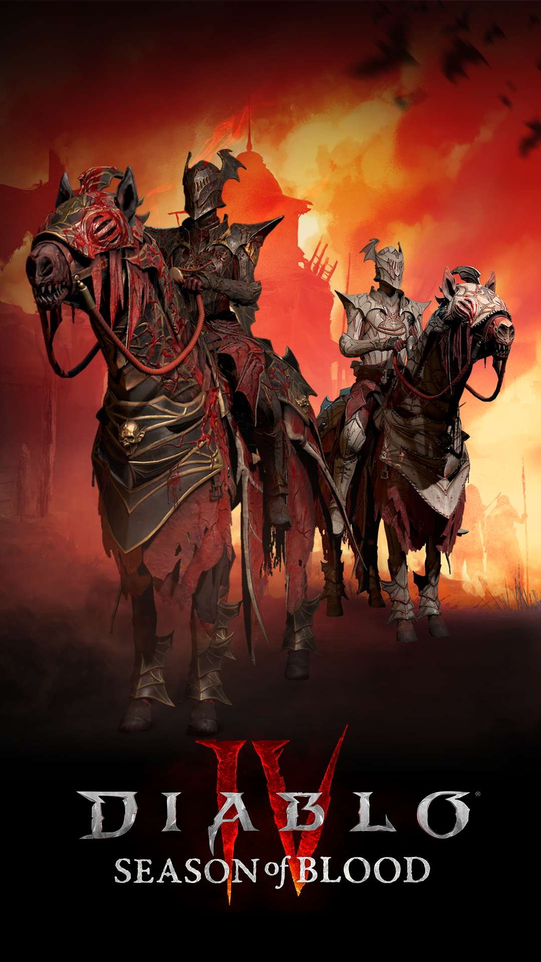Diablo IV Season of Blood phone wallpaper featuring ominous character silhouettes on a red and black backdrop.