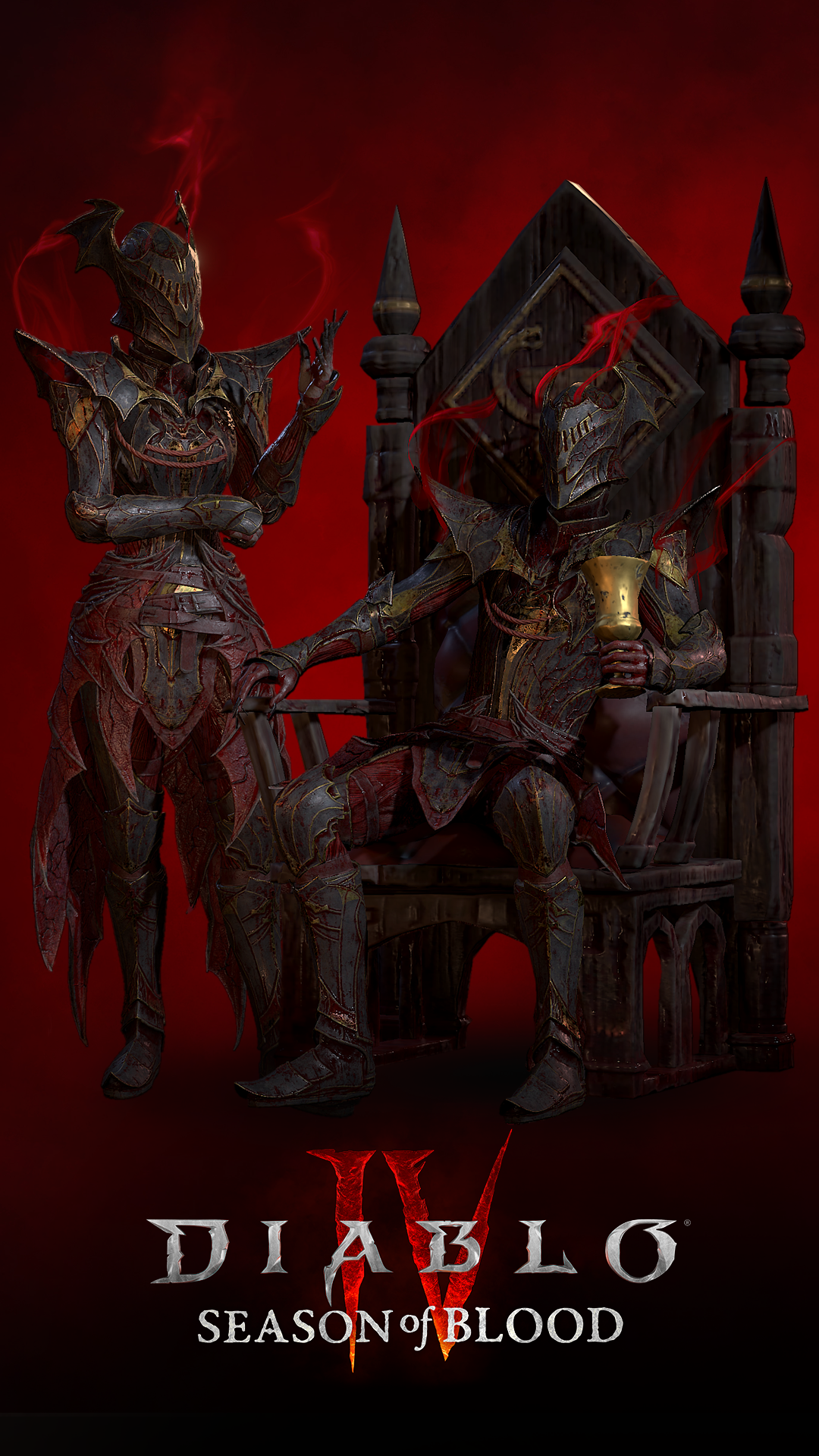 Diablo IV: Season of Blood themed phone wallpaper featuring an intimidating armored character on a dark, eerie background.