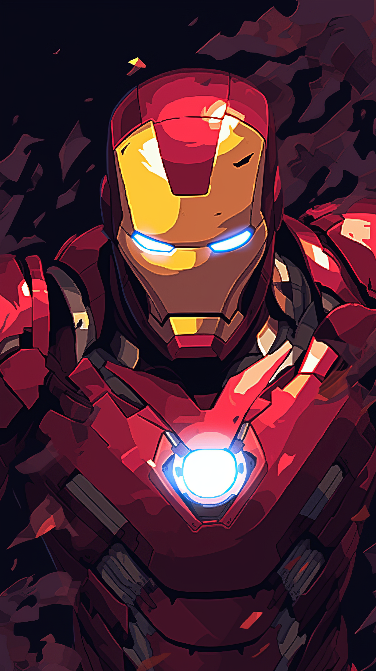 Stylized Iron Man phone wallpaper featuring the iconic superhero in his red and gold armor with glowing eyes and arc reactor.