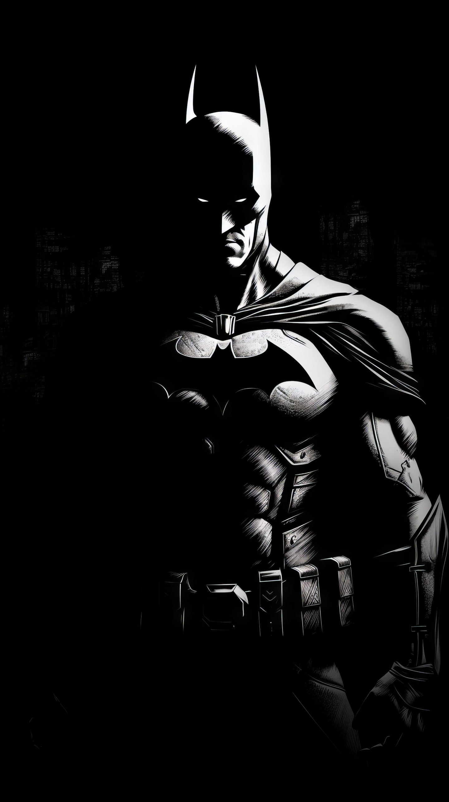 Dark and moody Batman phone wallpaper in black and white, featuring the iconic superhero in a dramatic pose, perfect for The Batman fans.