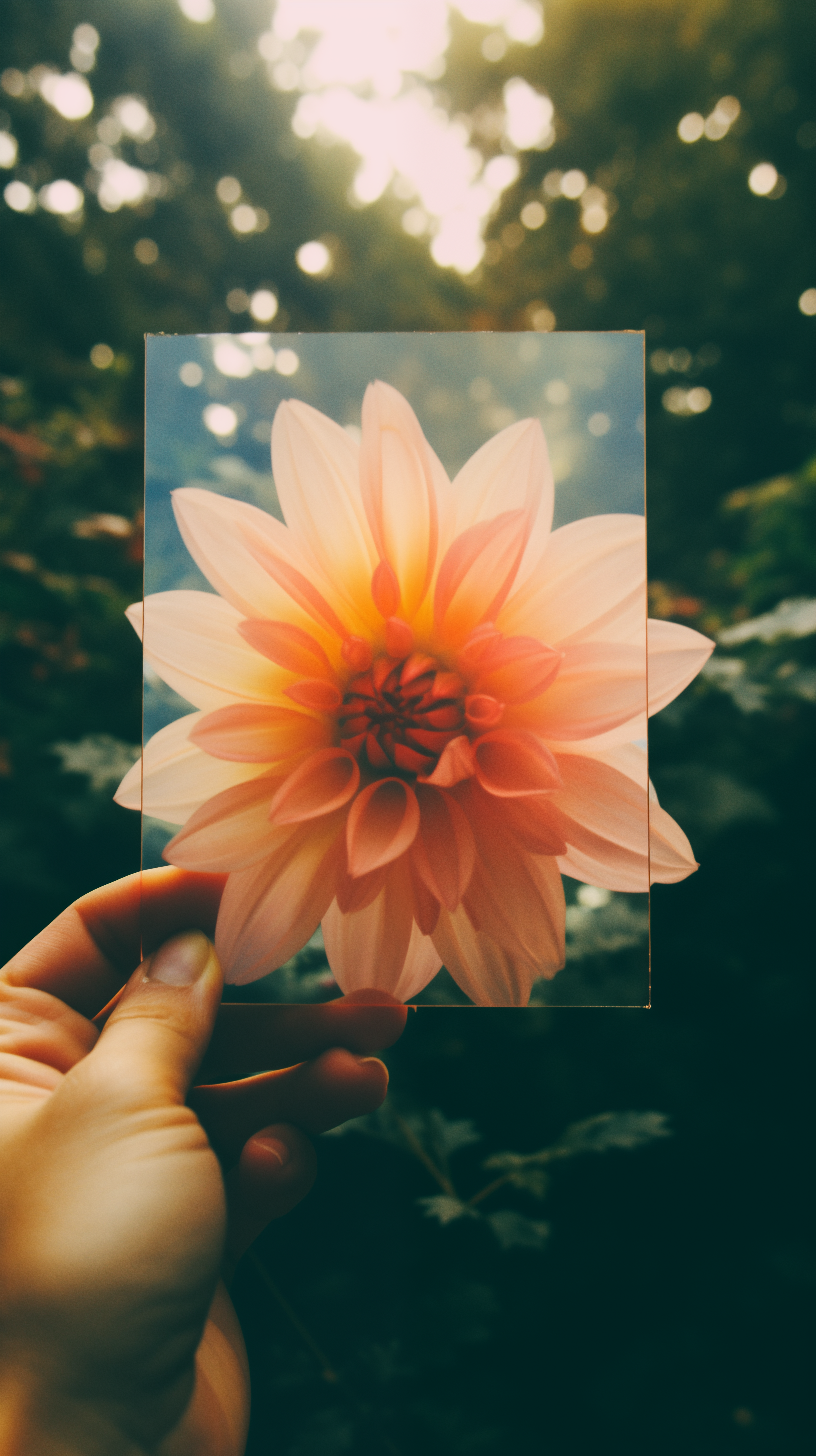 Orange dahlia flower phone wallpaper with a hand holding the image against a natural, sunlit background.