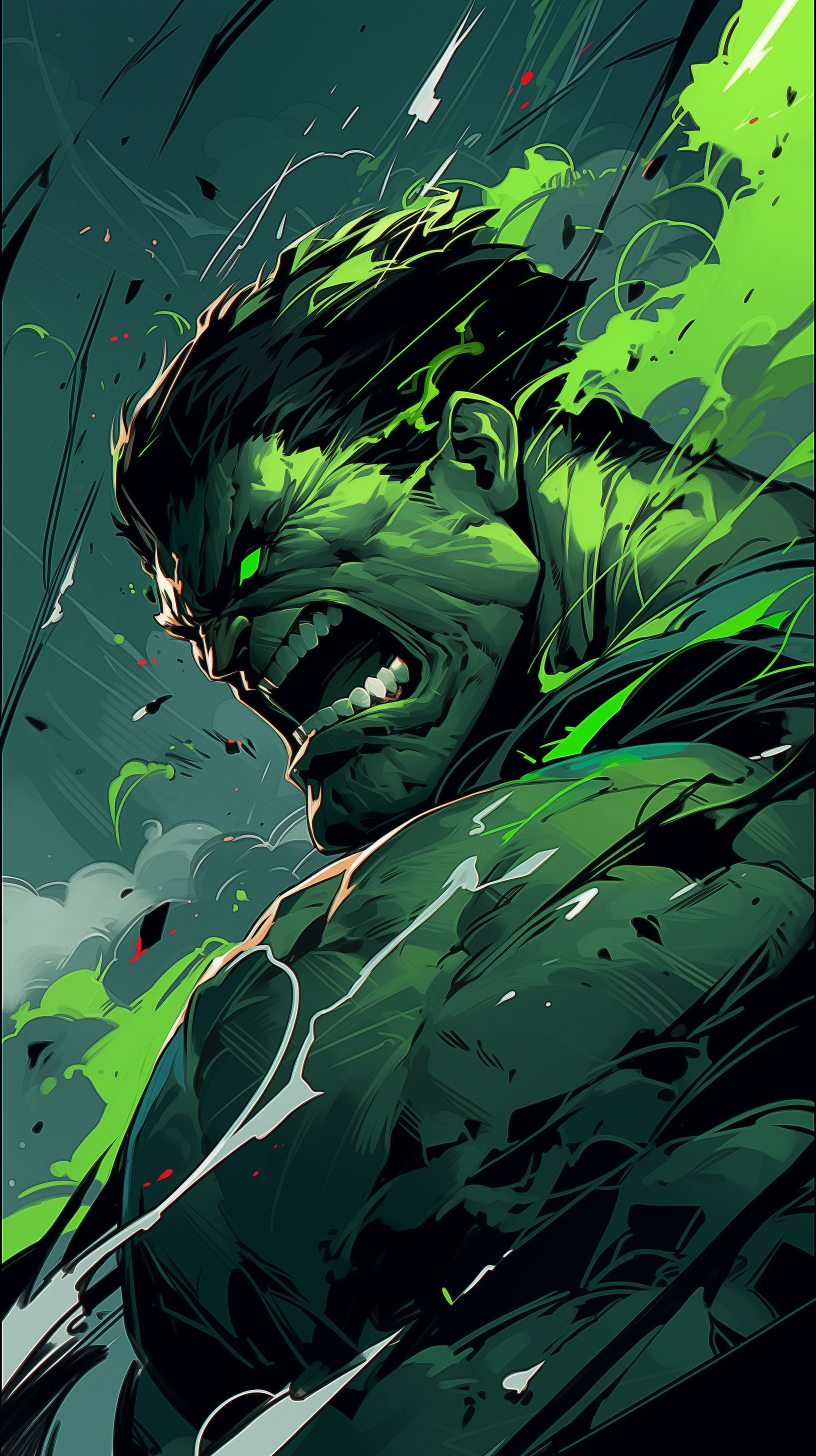 Dynamic Hulk phone wallpaper with vivid green and black tones, showcasing the iconic superhero in an intense pose, perfect for comic book fans.