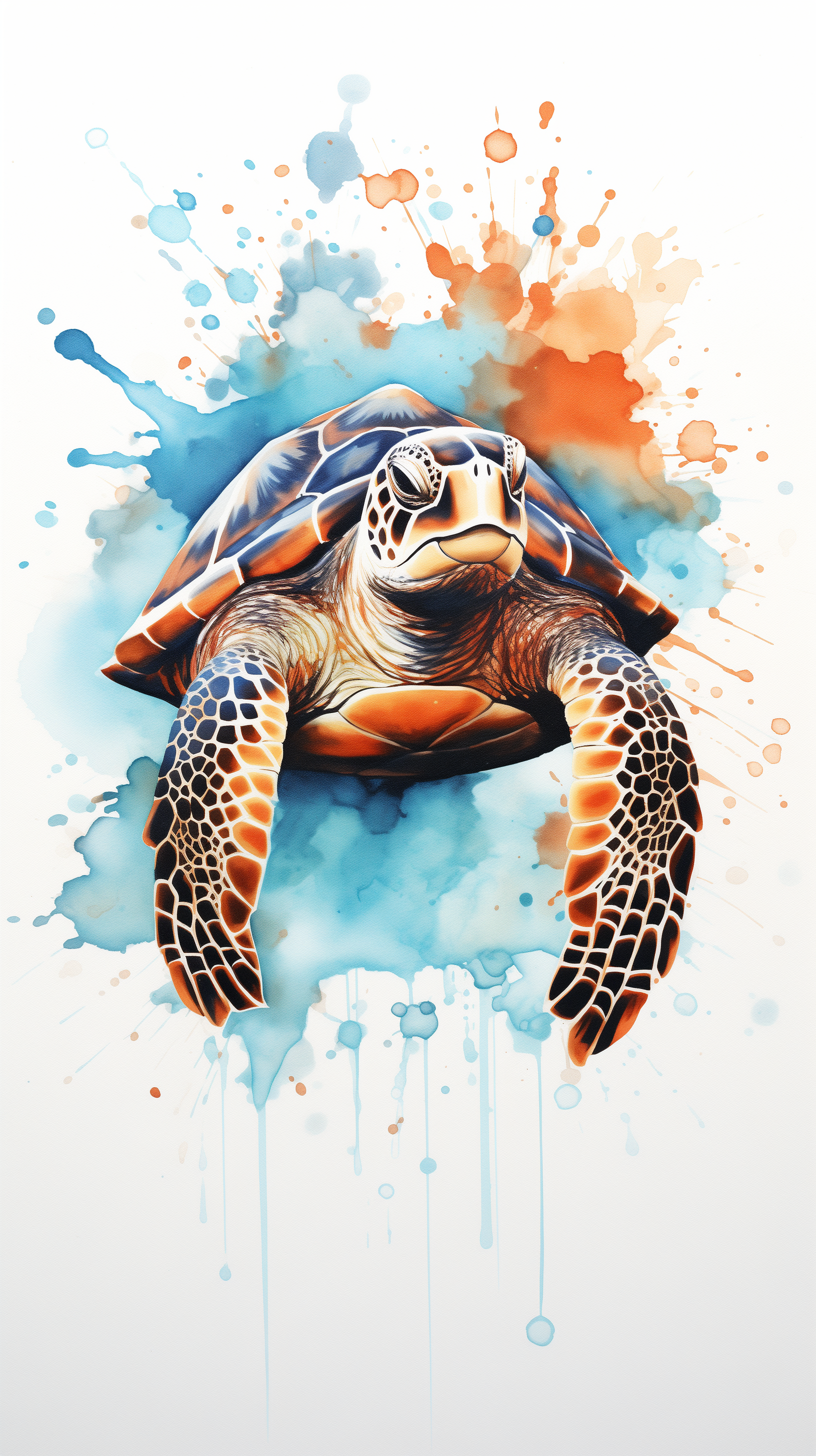 Colorful artistic sea turtle illustration with splashes of blue and orange, perfect for a vibrant phone wallpaper.
