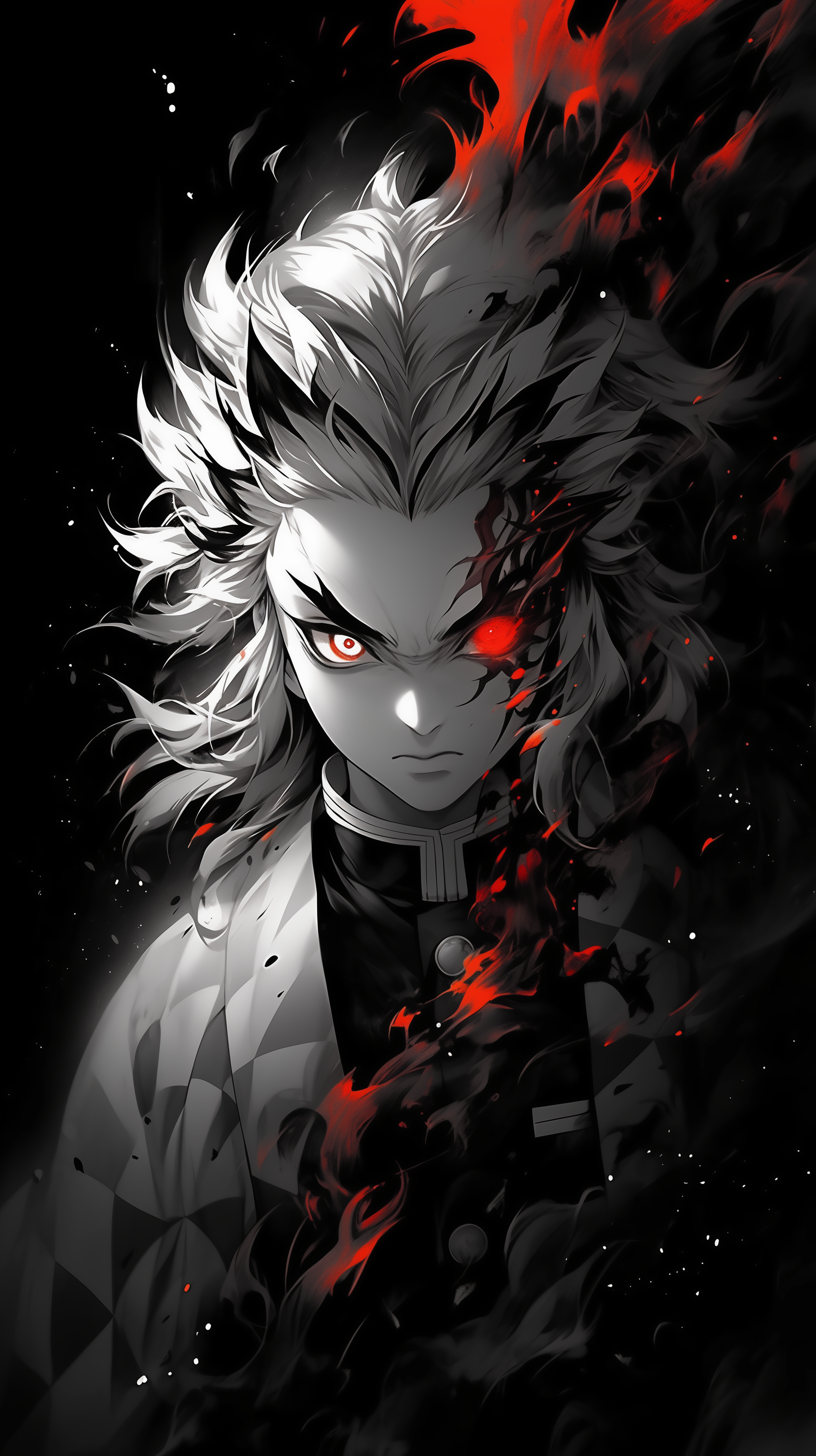 Demon Slayer: Kimetsu no Yaiba Kyojuro Rengoku themed phone wallpaper featuring a fiery and intense character illustration with dynamic red and black contrasts.