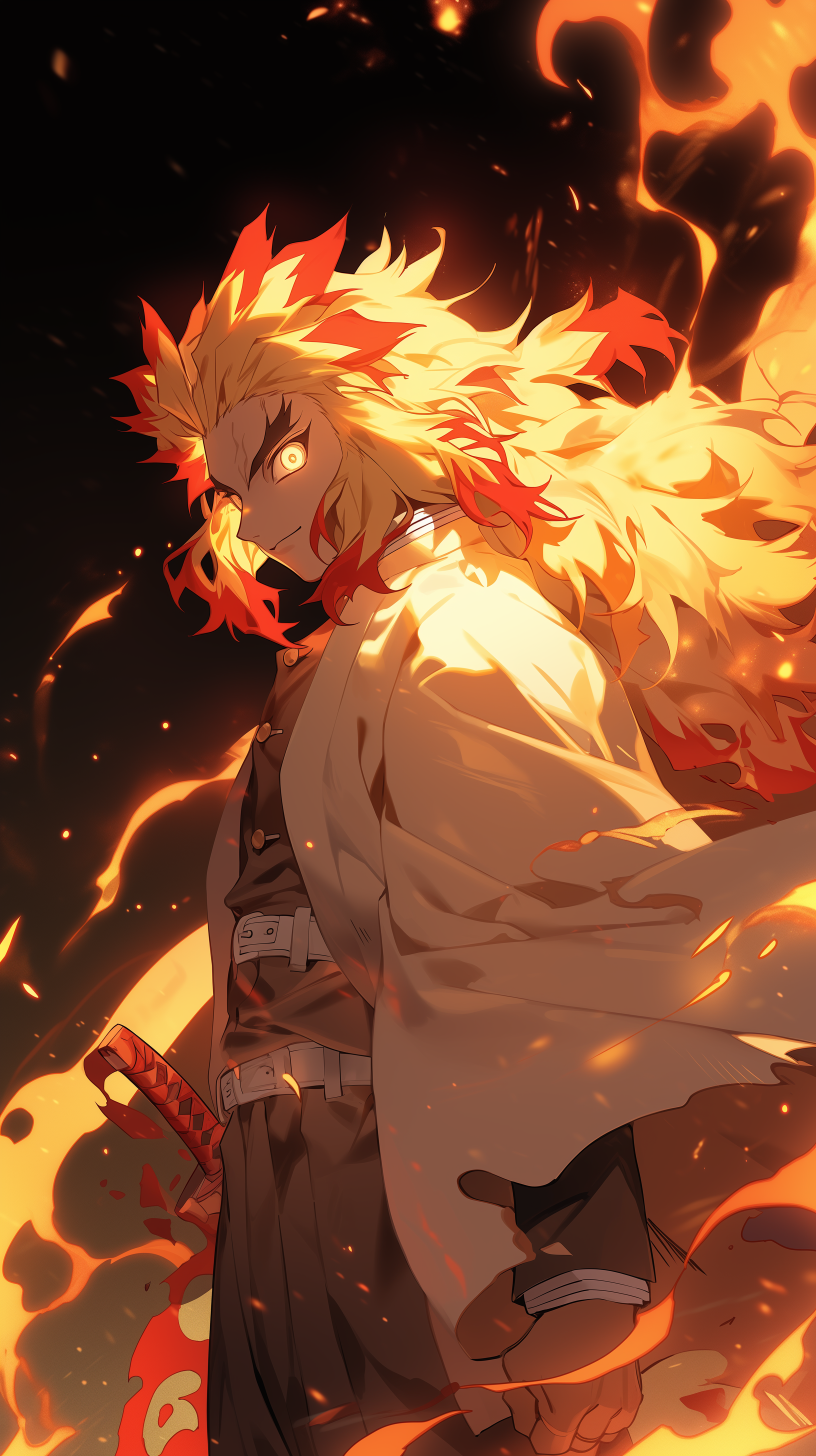 Demon Slayer: Kimetsu no Yaiba's Kyojuro Rengoku with fiery background phone wallpaper