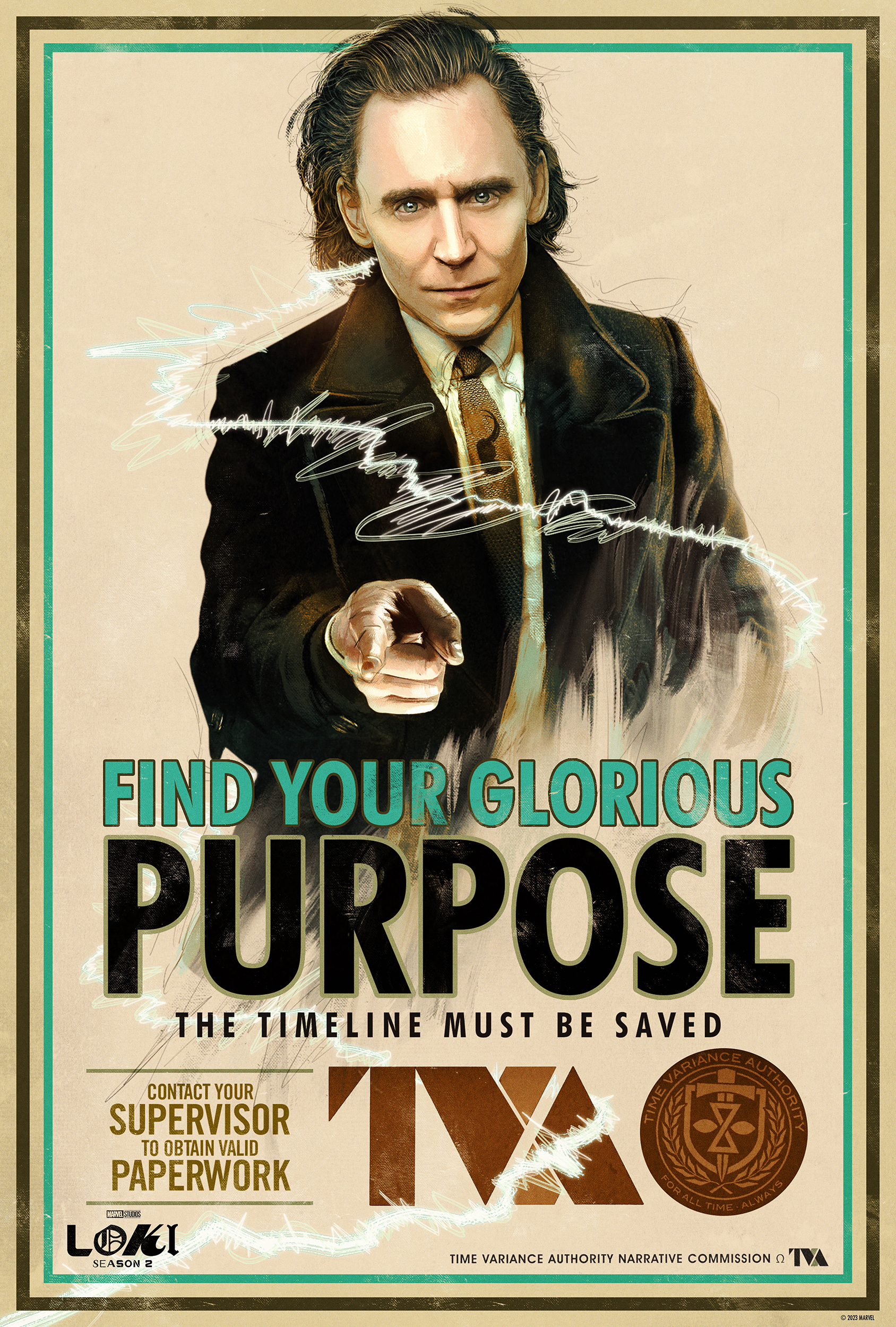 Loki-themed phone wallpaper featuring the phrase Find Your Glorious Purpose with a stylized representation of the character in a vintage poster design.