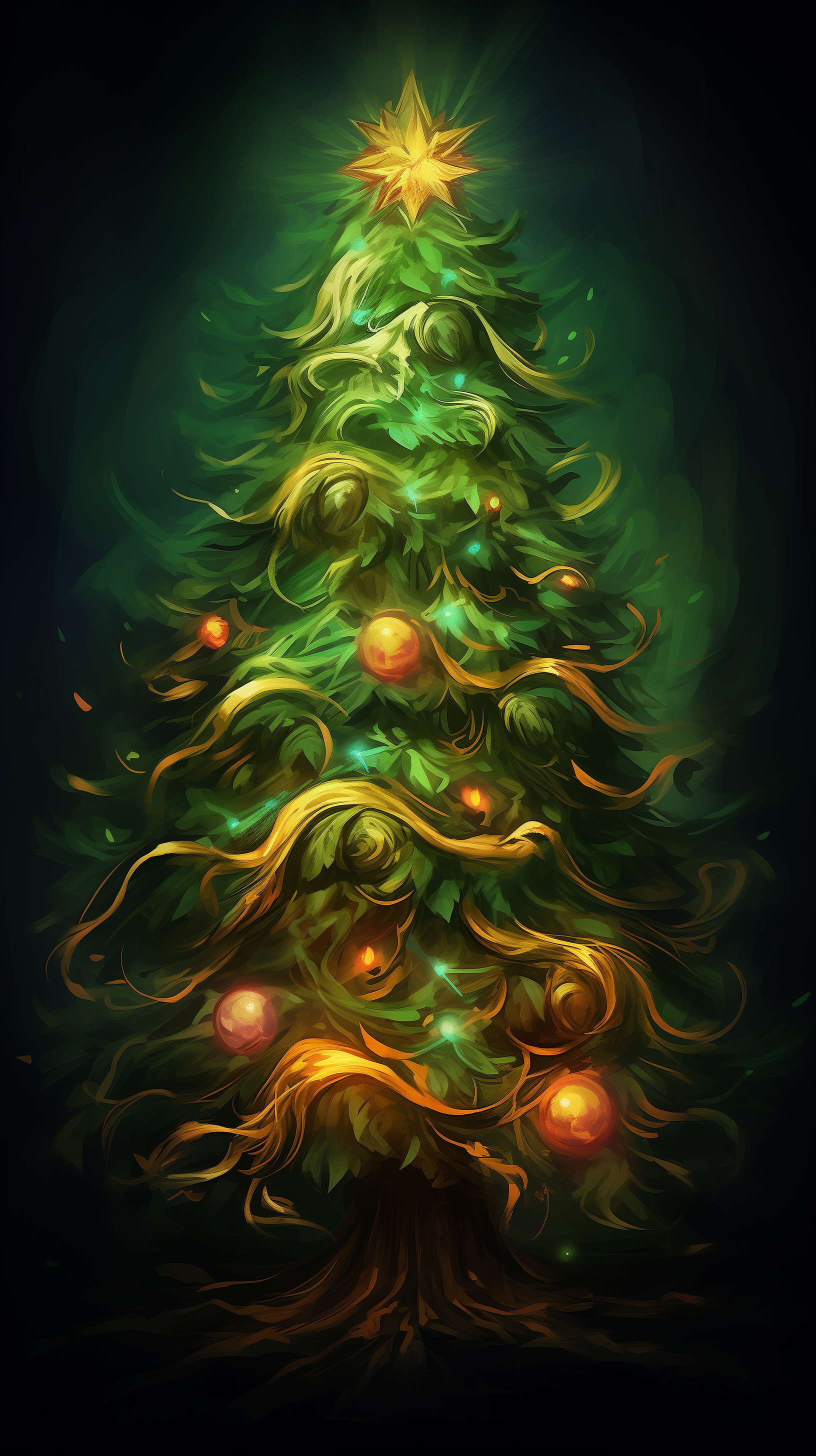 Artistic Christmas tree phone wallpaper with vibrant green hues and warm glowing lights, perfect for holiday season.
