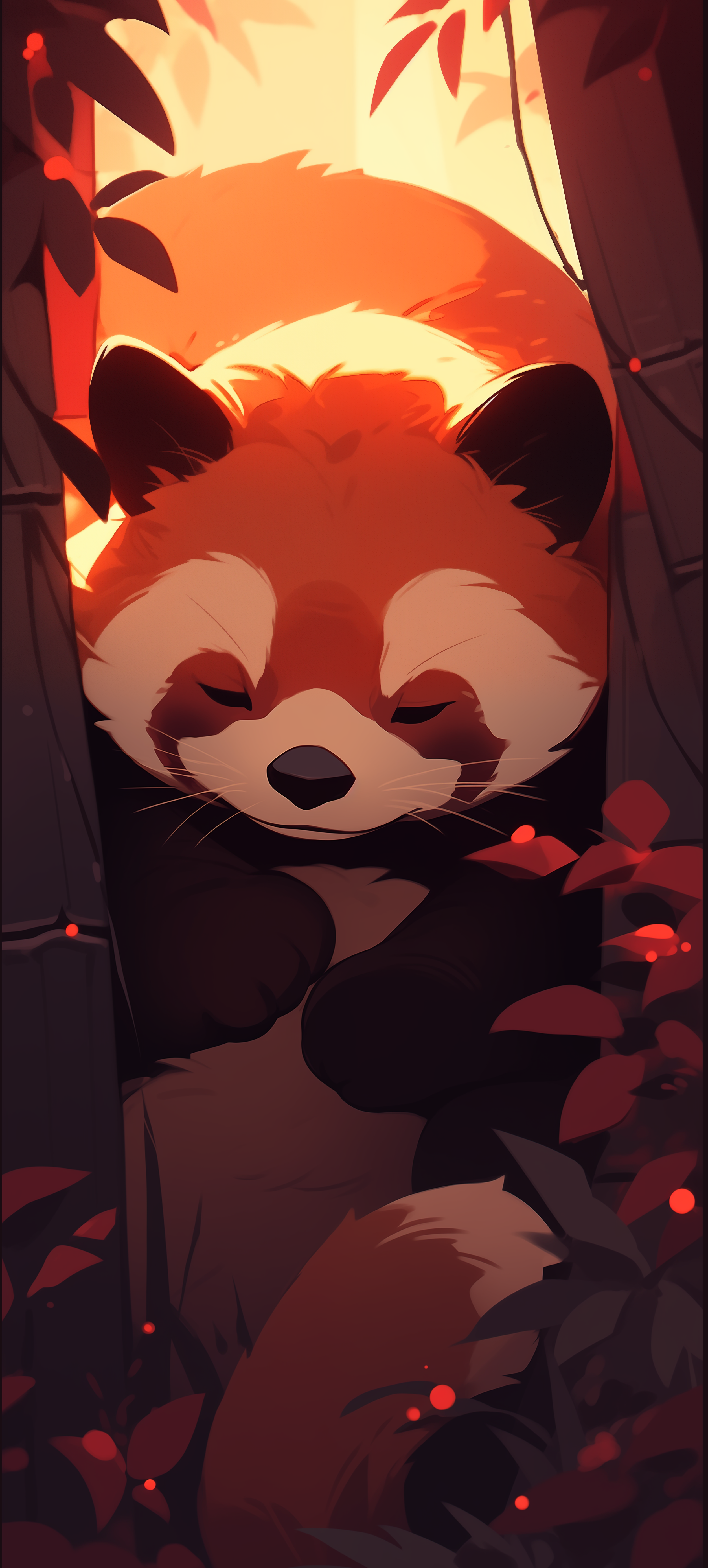 Red panda illustration in a serene forest, perfect for phone wallpaper.