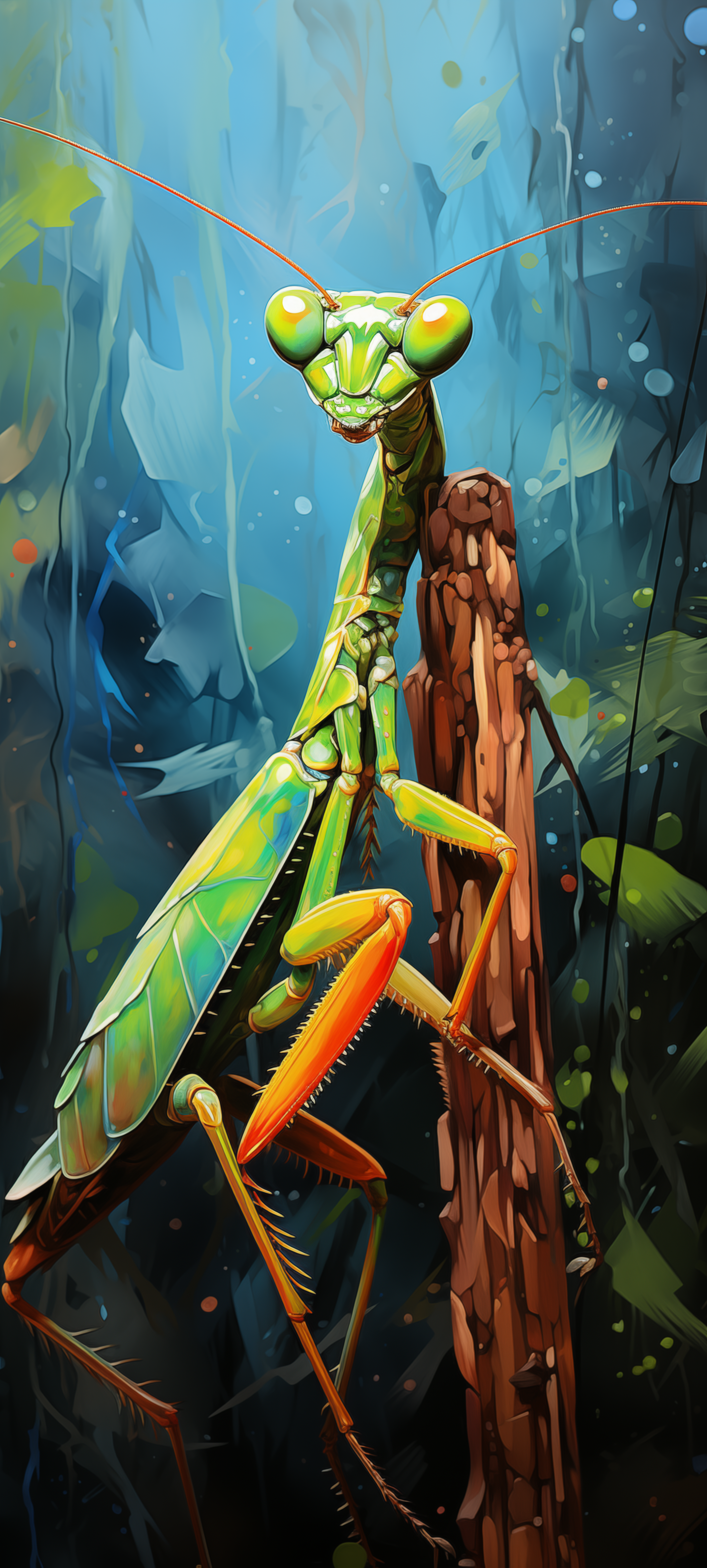 Colorful illustration of a praying mantis perched on a branch, designed as a phone wallpaper.