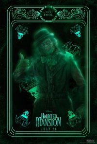 Haunted Mansion themed phone wallpaper featuring The Fool tarot card design with ghostly figures and eerie green tones.