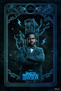 Eerie Haunted Mansion-themed phone wallpaper featuring a mysterious figure standing before an ominous tower, encapsulated by intricate border designs and spectral motifs.