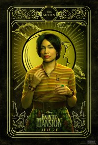Phone wallpaper featuring an artistic representation of a woman in front of a Haunted Mansion theme, with mystical motifs and a vintage design style, promoting an upcoming movie with the release date July 30.