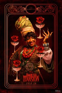 Promotional phone wallpaper for Haunted Mansion featuring a stylized portrait of a woman with an ornate turban, surrounded by roses, with a premiere date of July 28.
