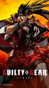 Stylish GUILTY GEAR -STRIVE- phone wallpaper featuring a dynamic pose of a striking anime-style character with flowing hair and a fiery background.