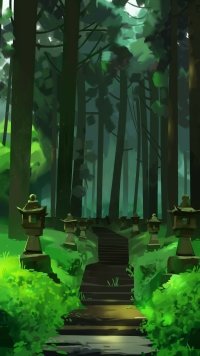 Enchanting forest path with lush green foliage and traditional lanterns, ideal for a mystical phone wallpaper.