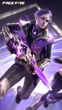 Garena Free Fire game character styled phone wallpaper featuring an agile fighter with purple-toned armor.