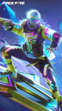 Vibrant Garena Free Fire game character wallpaper for mobile devices, featuring a dynamic pose and neon colors.