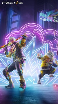 Stylish Garena Free Fire wallpaper showcasing dynamic characters in action poses with vibrant neon graphics, perfect for mobile phone backgrounds.