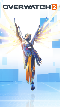 Overwatch 2 Mercy character wallpaper for mobile phone with game logo and futuristic background.