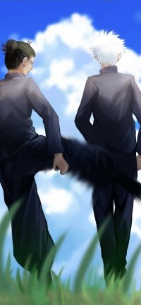 Phone wallpaper illustration of Suguru Geto and Satoru Gojo from Jujutsu Kaisen standing side by side against a bright blue sky with clouds, designed for iPhones and Android.