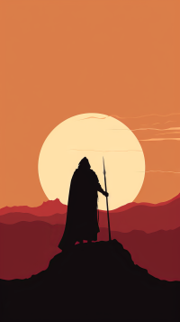 Minimalist Lord of the Rings vector wallpaper featuring a silhouette of a robed figure with a staff against a sunset background.