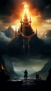Dramatic Lord of the Rings inspired phone wallpaper featuring the silhouette of a character gazing at a distant fiery castle atop a mountain, evoking epic fantasy themes.
