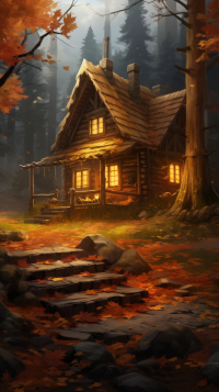 Cozy autumn cabin surrounded by fall foliage in the forest, perfect for fall-themed phone wallpaper.