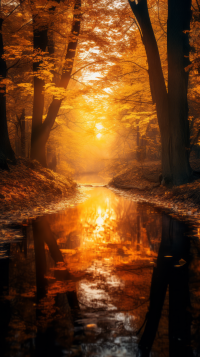 Autumn forest landscape with sunbeams shining through golden leaves on trees reflecting on a tranquil river, perfect for phone wallpaper.