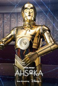 Star Wars Ahsoka themed phone wallpaper featuring the iconic droid C-3PO with a backdrop of stars, promoting the series streaming on Disney+.