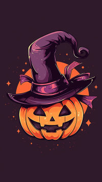 Halloween phone wallpaper featuring a grinning pumpkin head wearing a witch's hat.